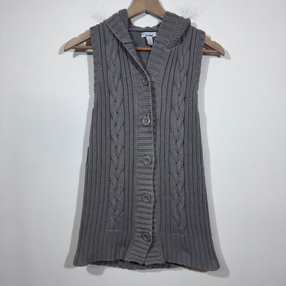 Vintage Old Navy Womens Y2K Hooded Cable Knit Cardigan Sweater Vest Large